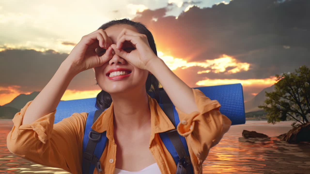 close up de excursionista femenina asiática con mochila de montañismo sonriendo y haciendo gestos de binoculares luego mirando a su alrededor mientras está de pie en un lago durante la hora del atardecer
