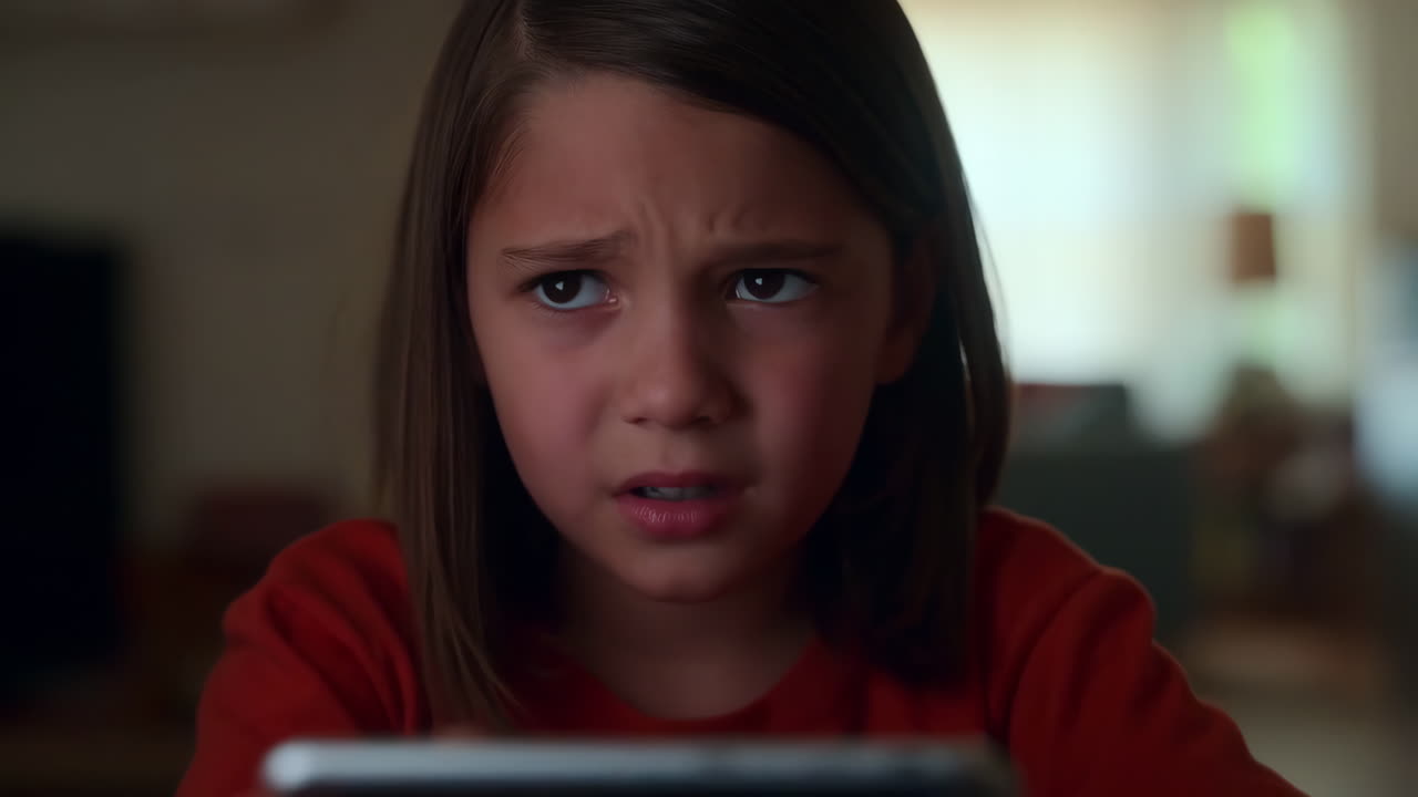 Young girl intently looking at and interacting with a device