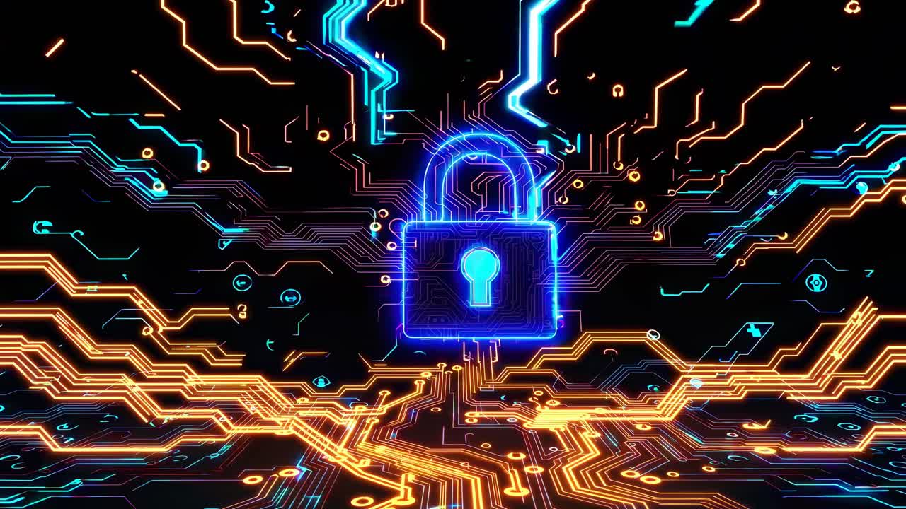 Aerial view of a digital lock amidst glowing circuit patterns, illustrating cybersecurity