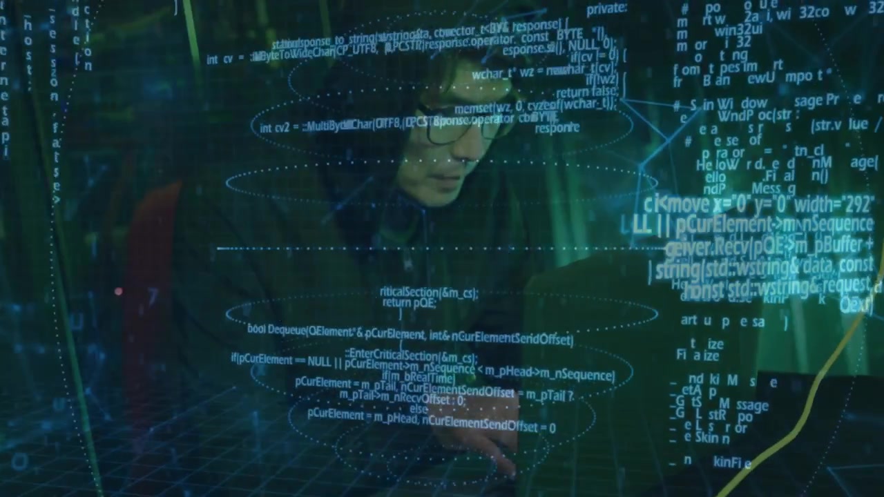 man with glasses working at dark tech workstation, interfacing with holographic code streams