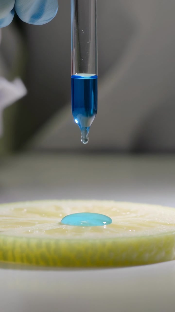 Video vertikal: Tangan bersarung tangan menjatuhkan tetesan biru menggembung dari pipet ke irisan lemon untuk uji lab.