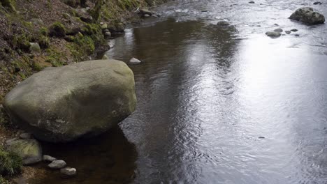 static shot of a large boulder next to a river