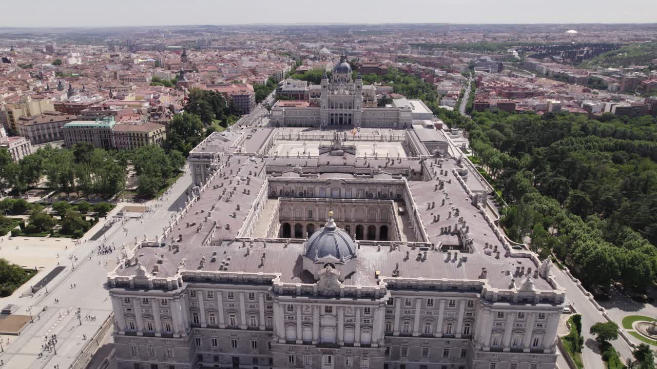 Aerial reveal of Madrid's Royal Palace and captivating cityscape, Spain