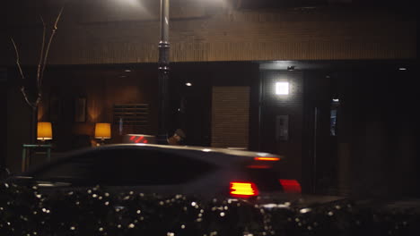 senior man walking with a dog under drizzling rain in the evening