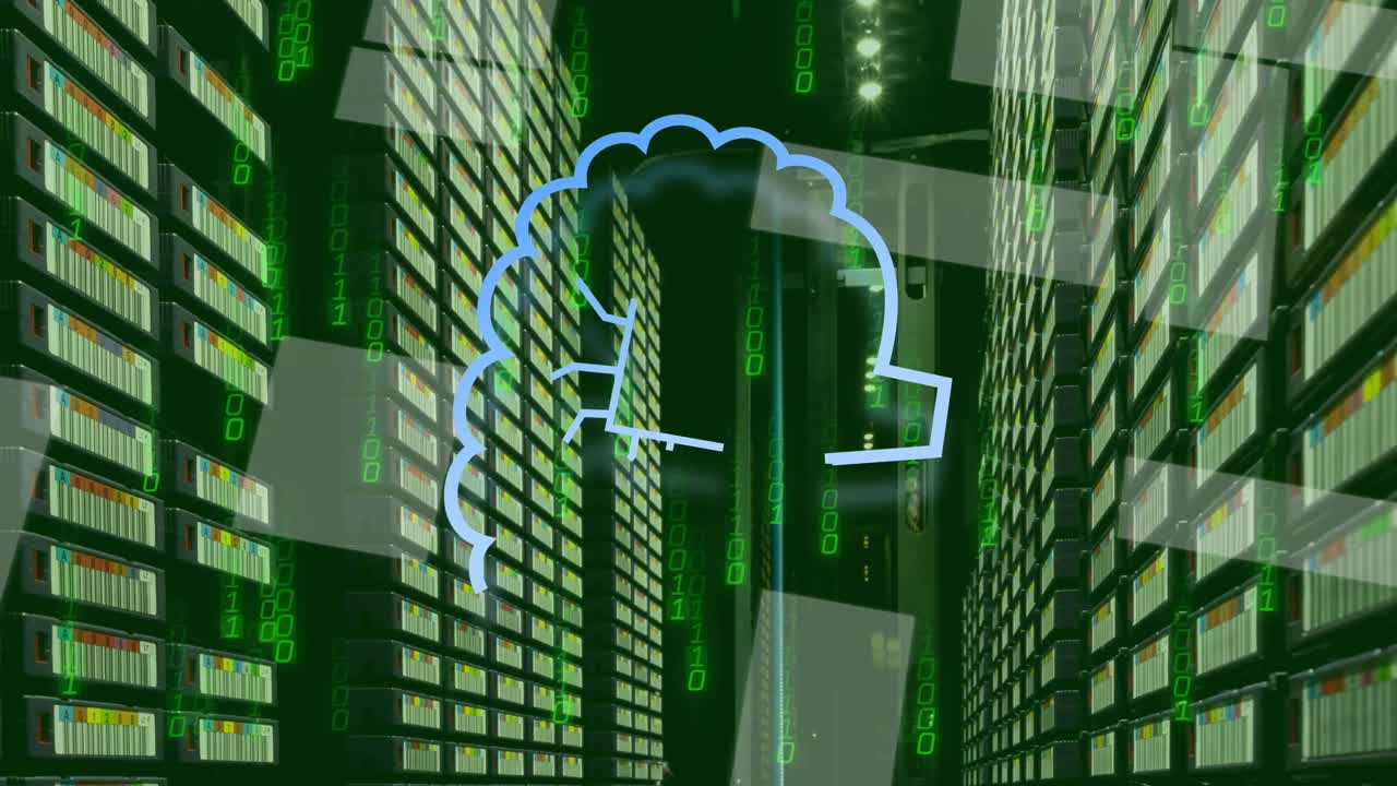 Animation of ai data processing over computer servers background