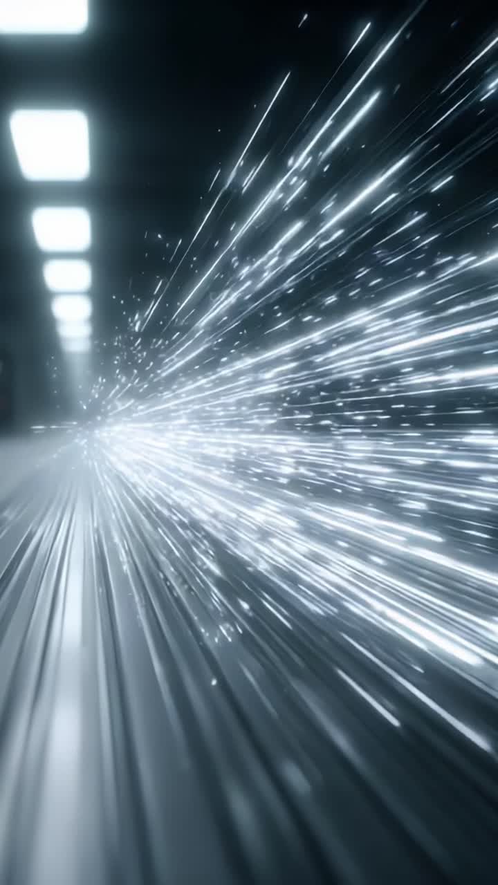Immagine dinamica di raggi di luce e scintille che emanano da una fonte con movimento lineare in un ambiente industriale