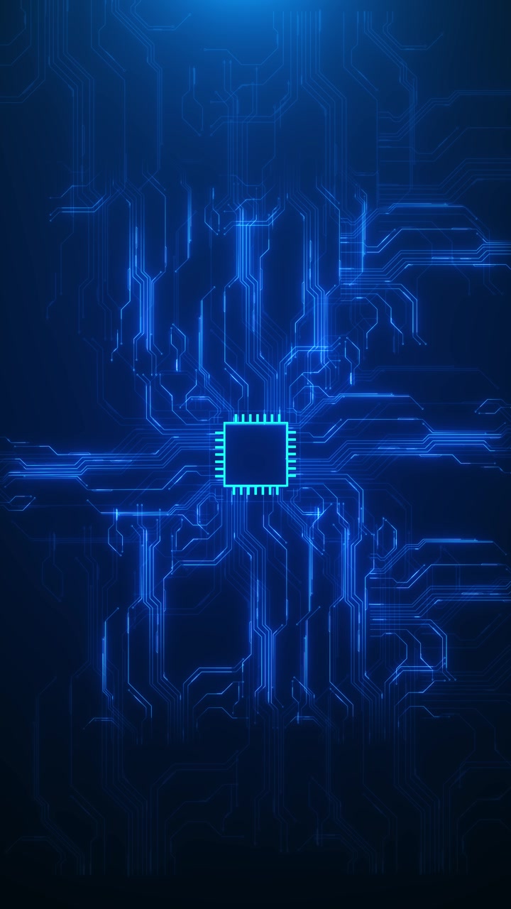 Digital processor circuit board visual shows glowing blue chip connected pathways technology mood