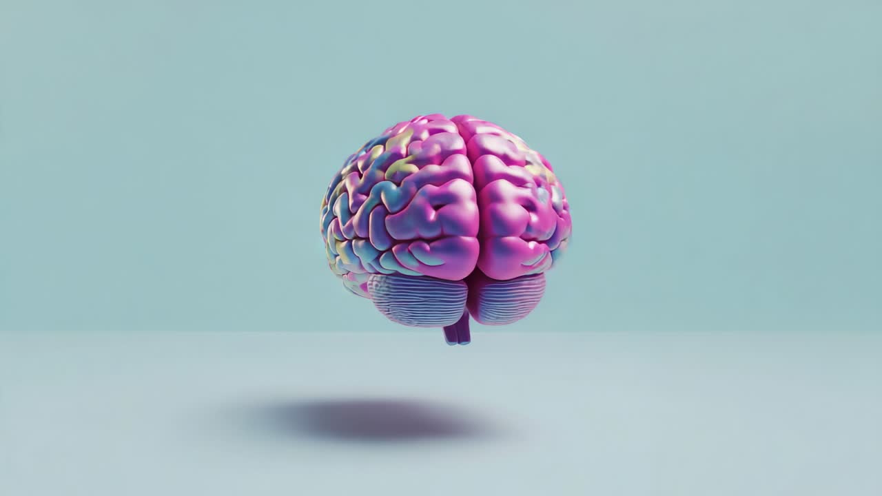Rotating 3D brain model above light cyan surface, showing pastel gradient, shifting shadow