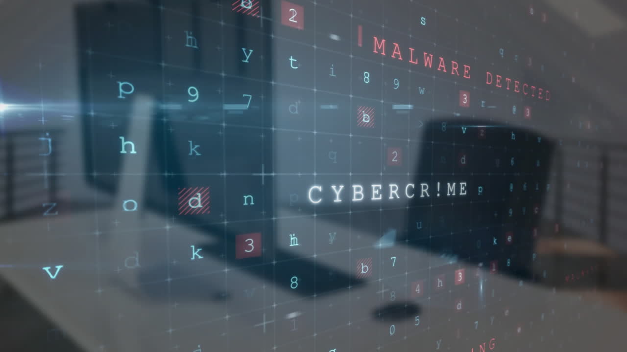 Animation of cyberattack warning with data processing over empty office