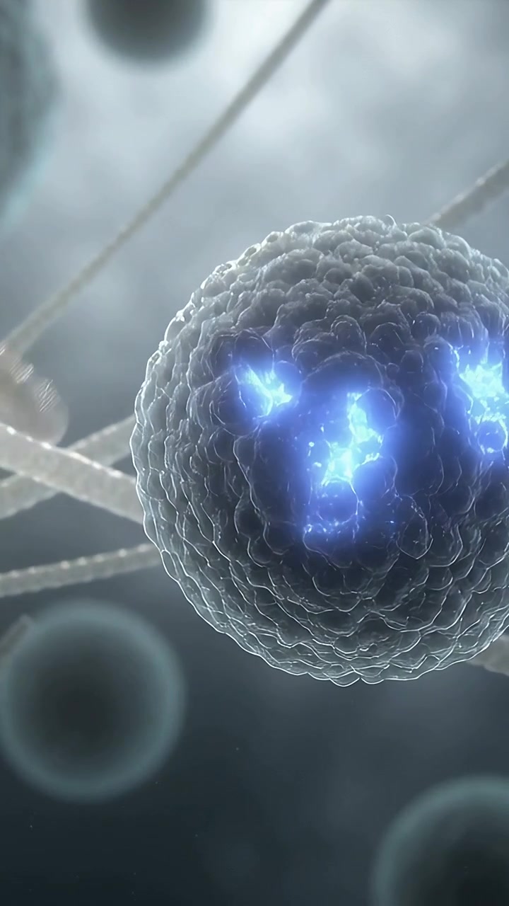 Video verticale: Reazione a un bagliore blu in aumento, cellula centrale che si gonfia verso il filamento in arrivo nella matrice extracellulare