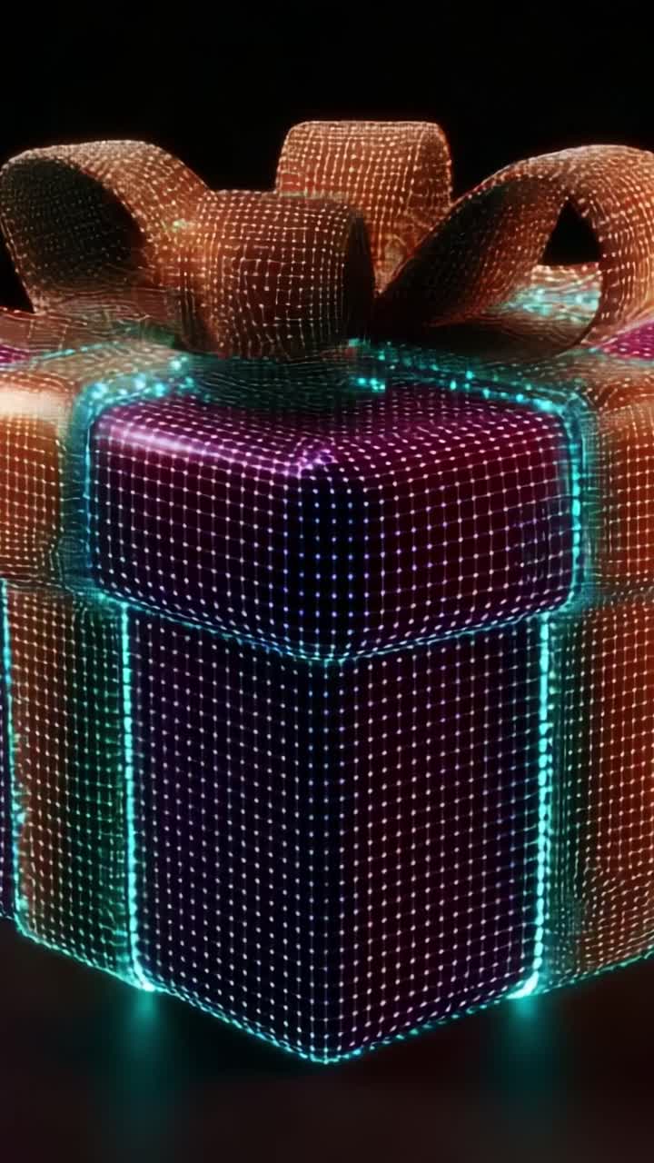 Una confezione regalo in 3D con illuminazione vivace, un fiocco straordinario ed effetti LED colorati che risaltano su uno sfondo scuro, progettata perfettamente per catturare lo spirito di festa e gioia