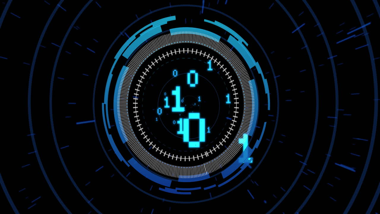 Animation of binary coding data processing over scope on black background