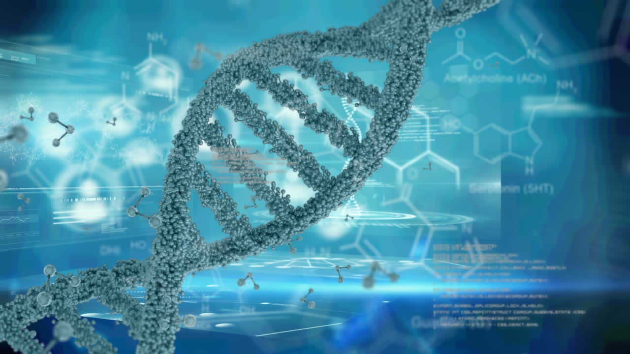Dna structure spinning and chemical structures against screens on medical data processing
