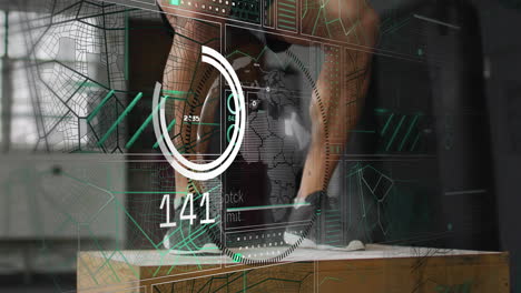 Using tablet, person viewing digital interface with animation and data overlays