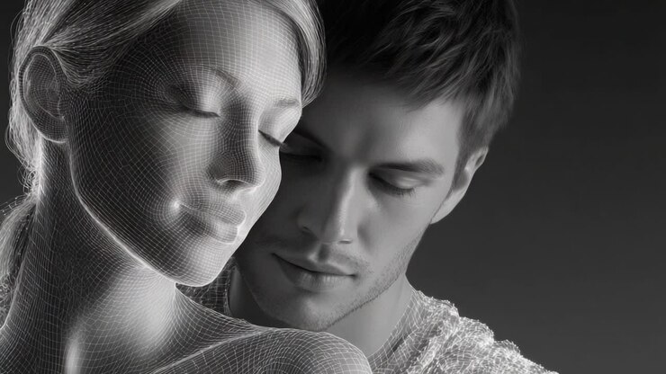 A Captivating Connection: Exploring the Depths of Emotion through the Artistic Representation of a Man and Woman Intertwined in a Digital Mesh Display