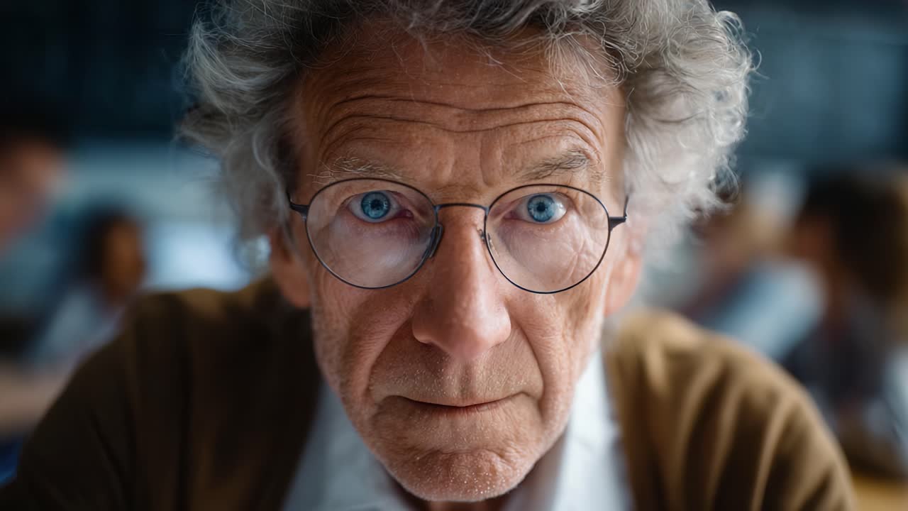 Sguardo intenso: un ritratto accattivante di un uomo anziano con caratteristici occhi azzurri e capelli ricci, che suscita emozioni e storie attraverso la sua espressione