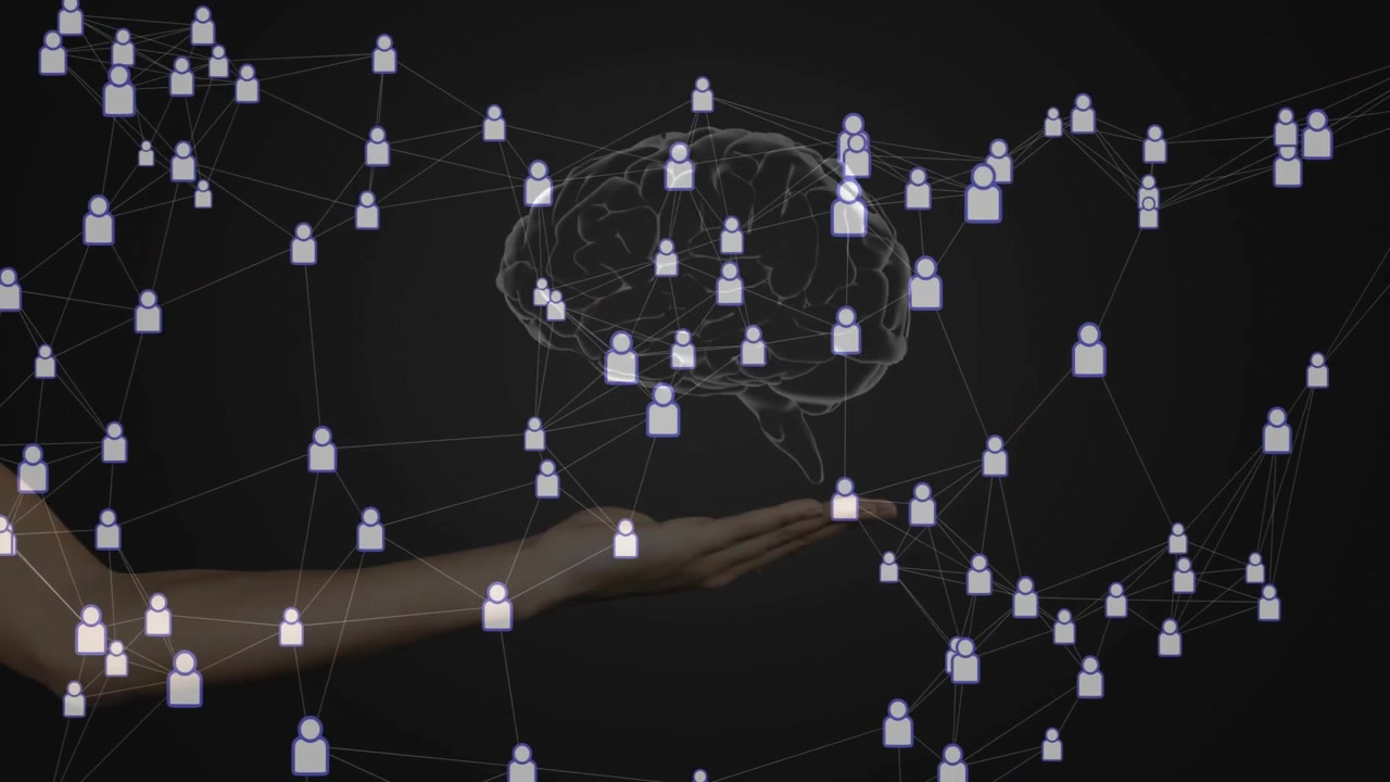 Hand moving starting brain hologram forming above palm, avatar nodes gathering around network unity