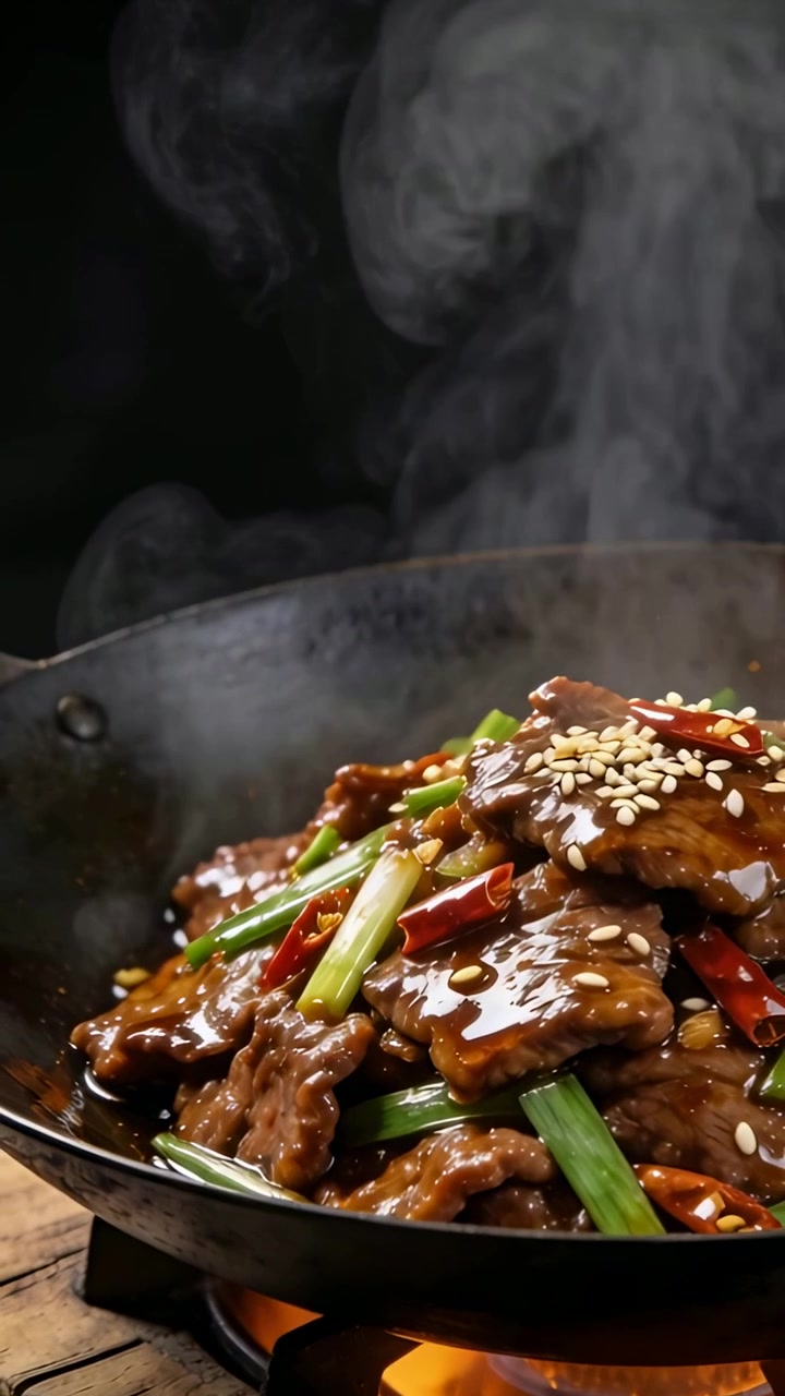 Video verticale: Fiamma aperta che riscalda un wok, emettendo vapore per cucinare manzo lucido, cipollotto e peperoncino.