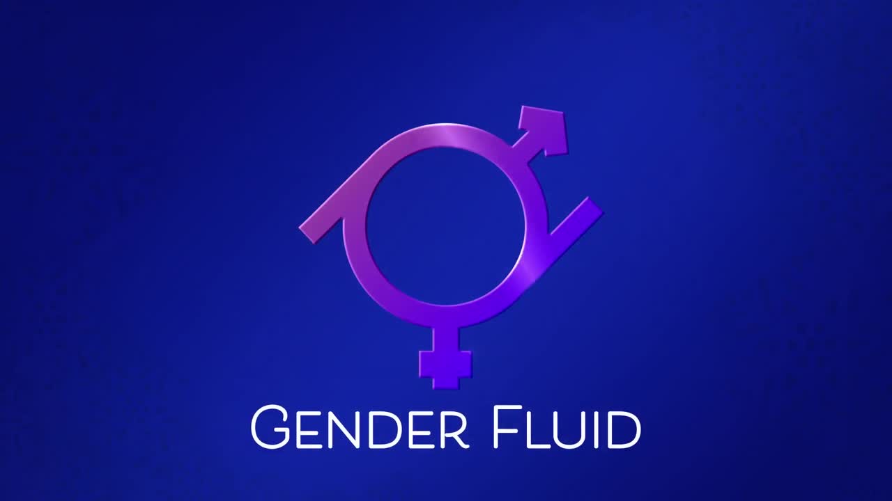 animación del texto de fluido de género con símbolo de fluido de género púrpura, sobre fondo azul