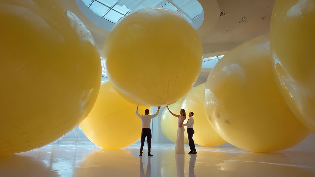 A Dynamic Interaction with Oversized Yellow Balls in an Art Installation, Capturing the Playfulness and Exploration in a Brightly Lit, Spacious Environment