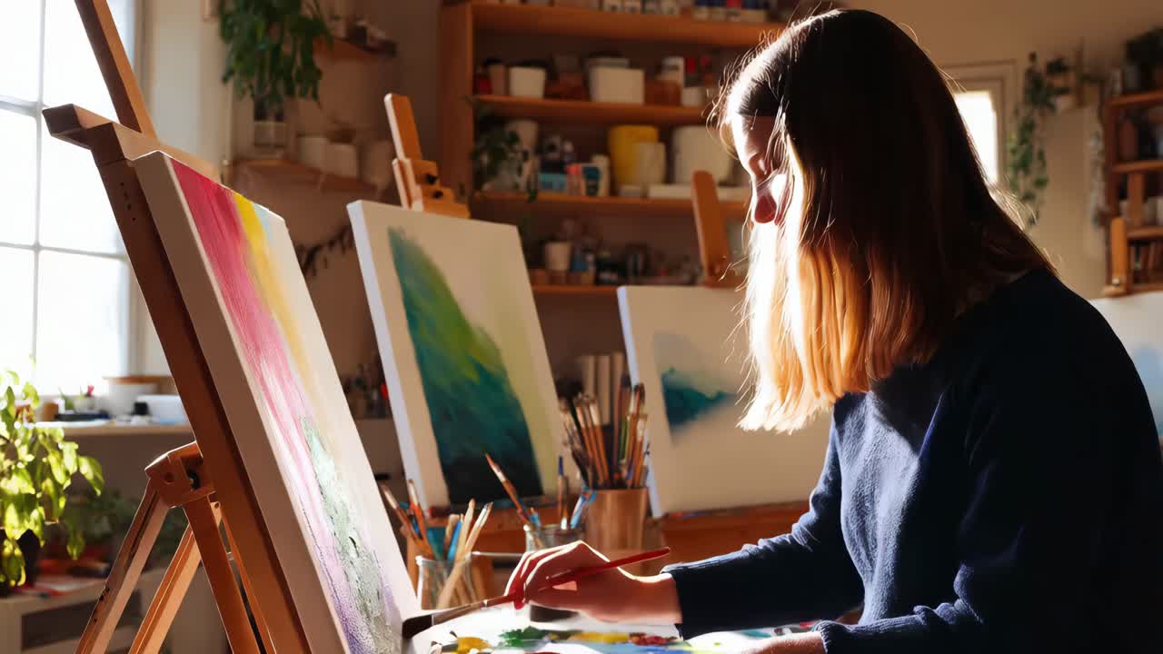 Kvinde der maler i kunststudie