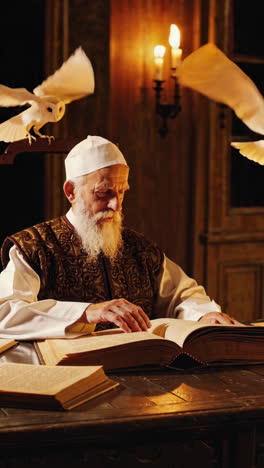 elderly scholar reading in a historic setting