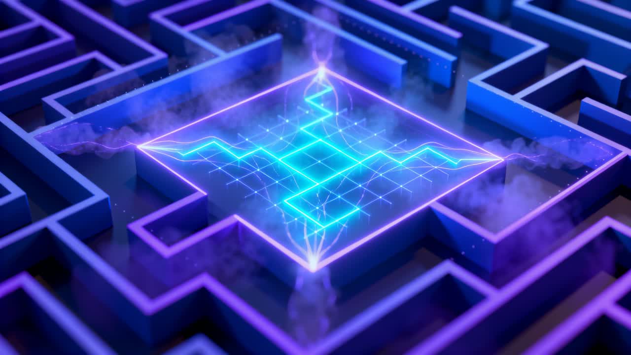 Grid lighting in neon maze sparking raised neon platform tracing cyan path, forming magenta zigzag