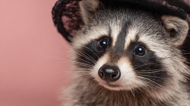 Incantevole procione con un elegante cappello ripreso in due fotogrammi, che mostrano le sue adorabili espressioni facciali e il suo personaggio unico in un delizioso primo piano