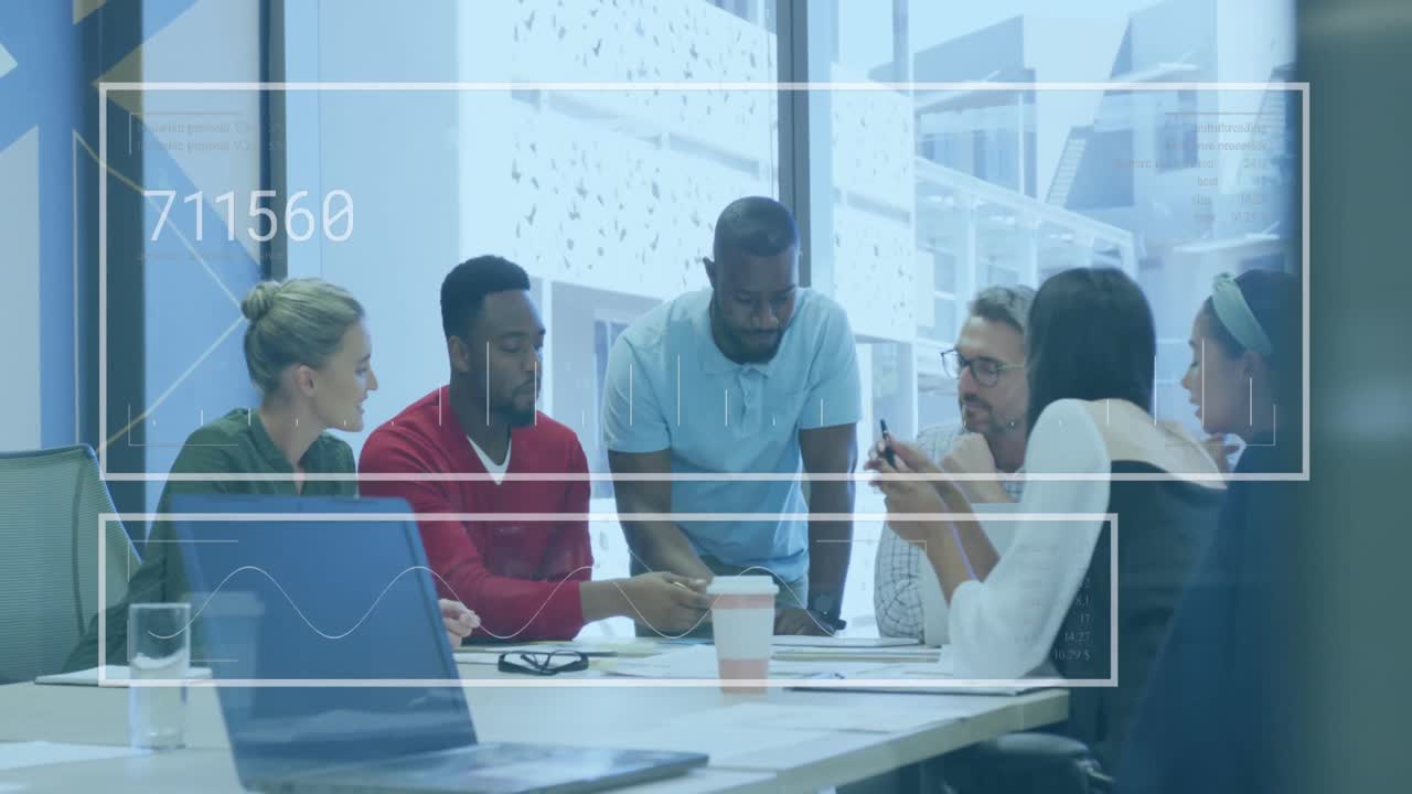 Animation of financial data processing over diverse business people