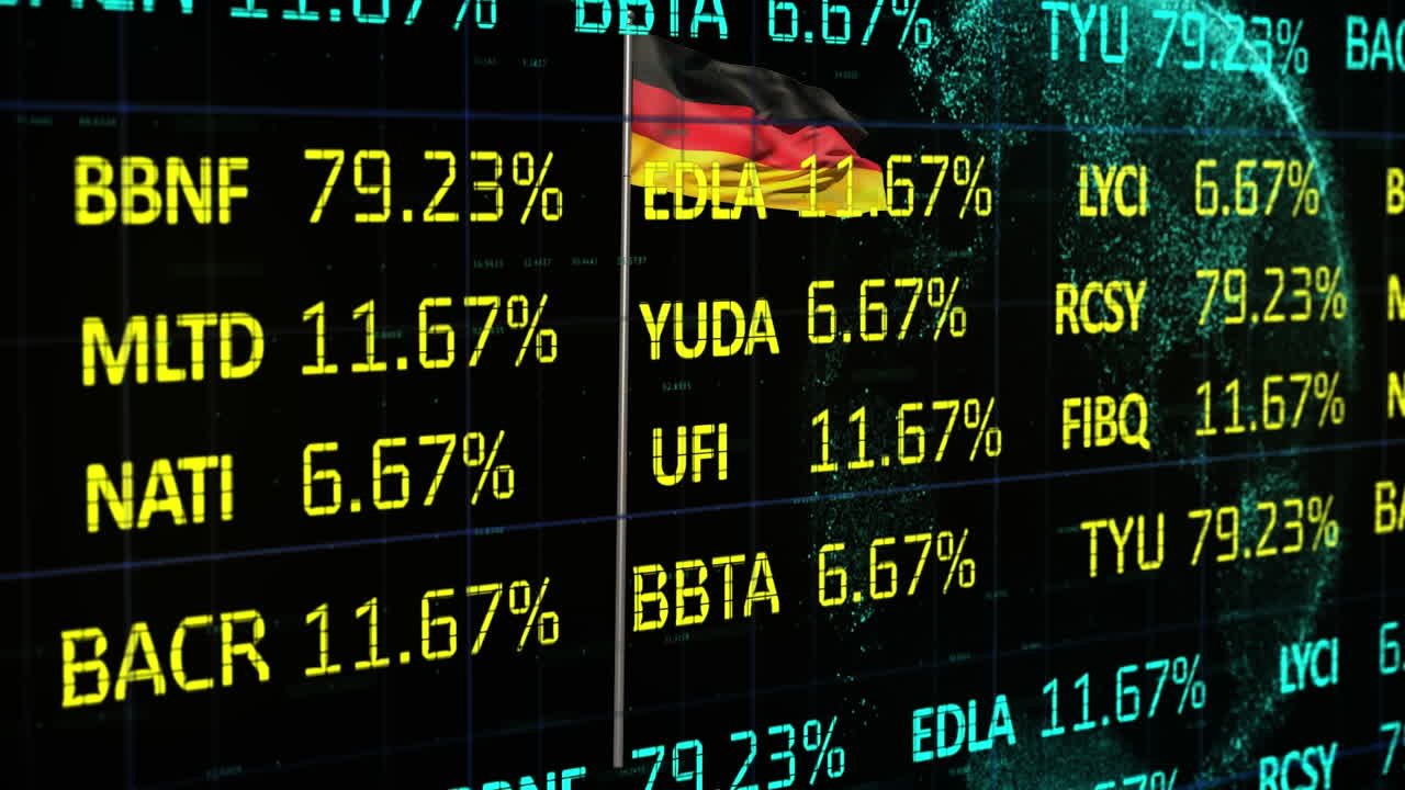 Animazione dell'elaborazione di dati finanziari sulla bandiera della Germania.