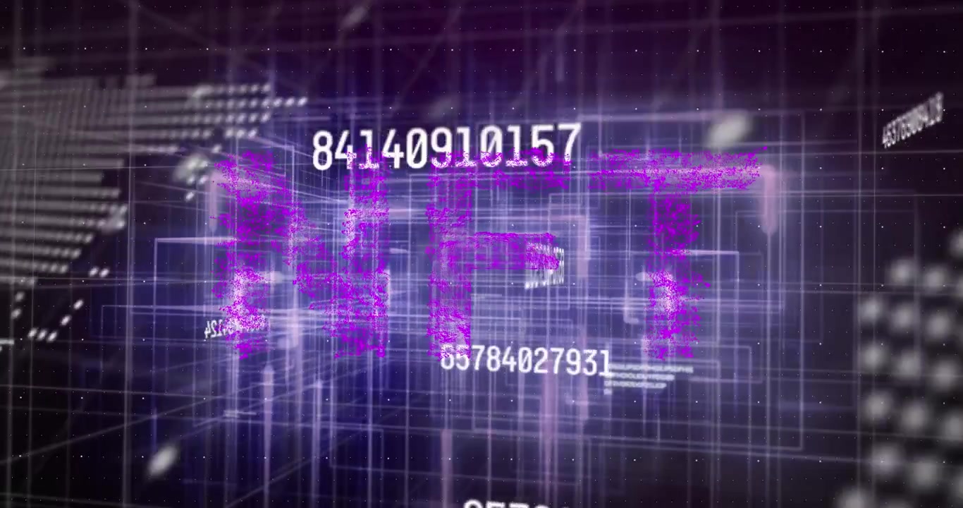 Animation of nft text over data processing on black background