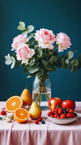 still life with roses and fruits