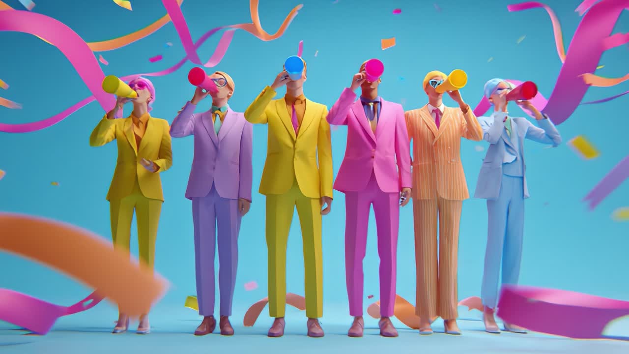A vibrant celebration scene featuring figures in colorful suits, joyfully holding drinks and blowing horns amidst a lively background filled with swirling ribbons and confetti