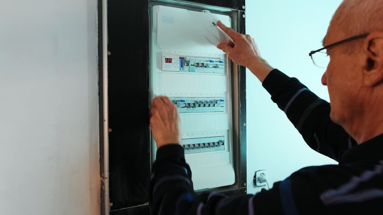 los electricistas cierran la tapa de la electricidad en el panel de control. el ingeniero electricista trabaja en el control del gabinete eléctrico.