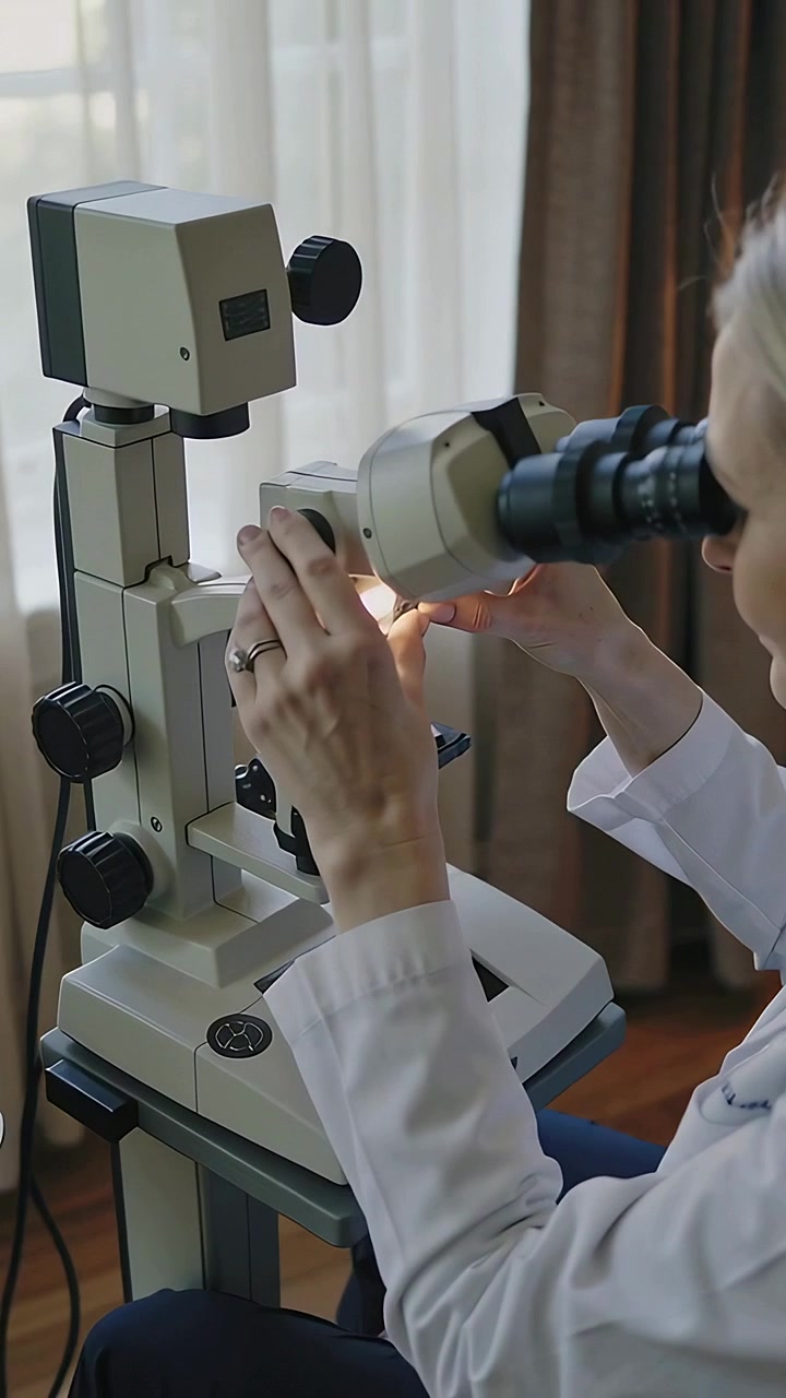 Vertical video: Exam light turning on, Dr in white coat tuning slitlamp for clinic exam, copy space