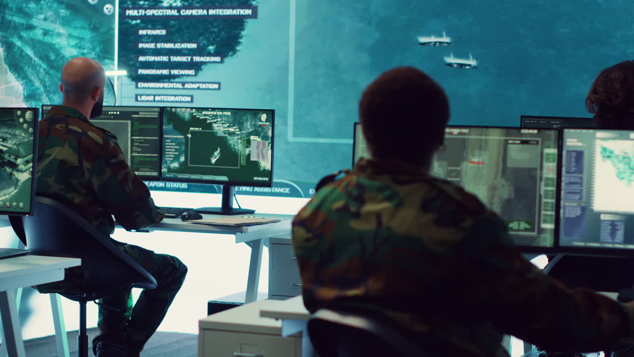Group of soldiers managing air and sea traffic control for military operations