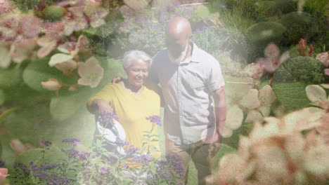 animation of glowing light over happy senior couple gardening