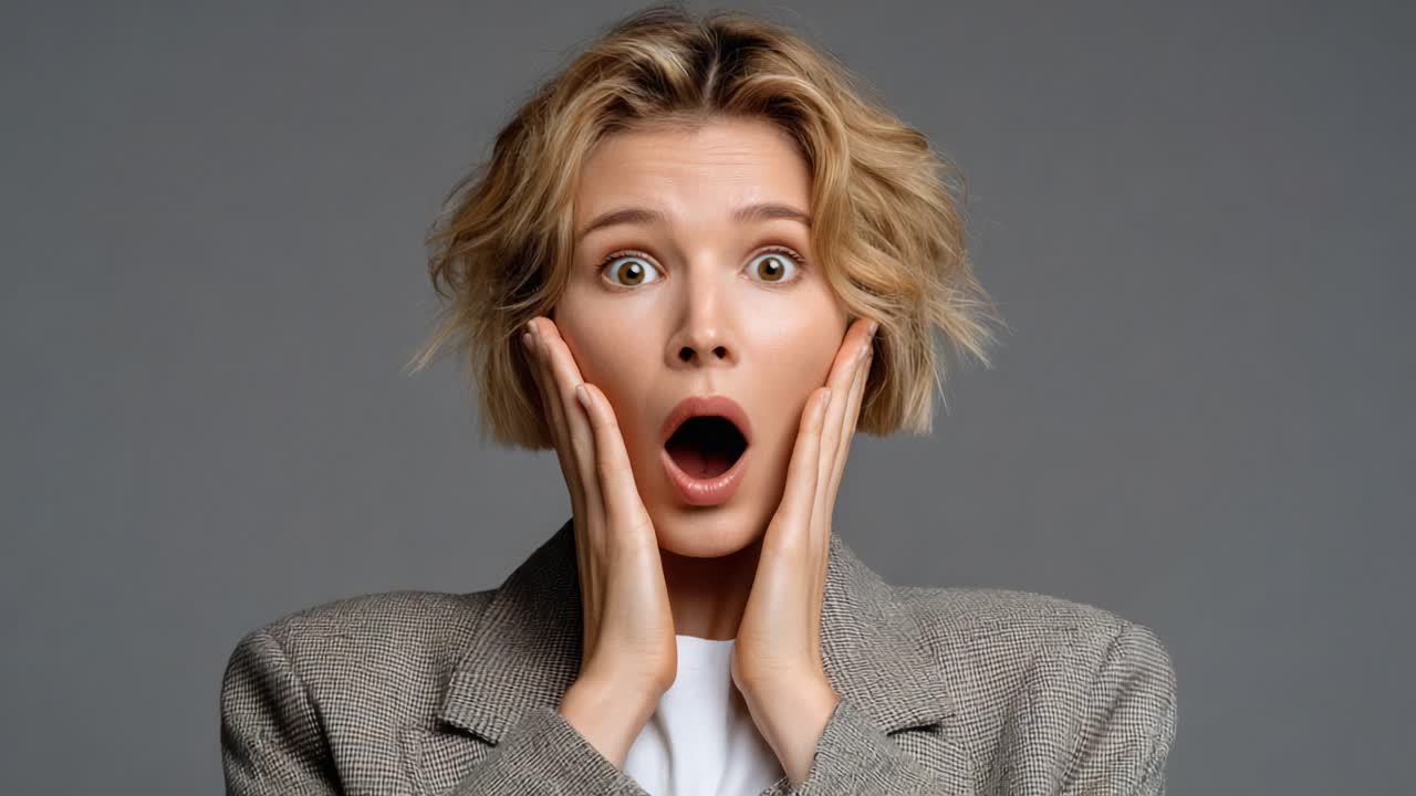 Astonishing Transformation: From Shock to Joy Captured in Two Frames, Showcasing a Woman's Evolving Emotions Displaying Surprise and Happiness in Stunning Detail