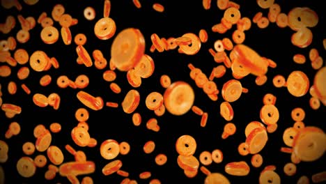 flying many plain donuts on black background. doughnut cake, sweets, dessert. 3d animation of donut rotating. loop animation.