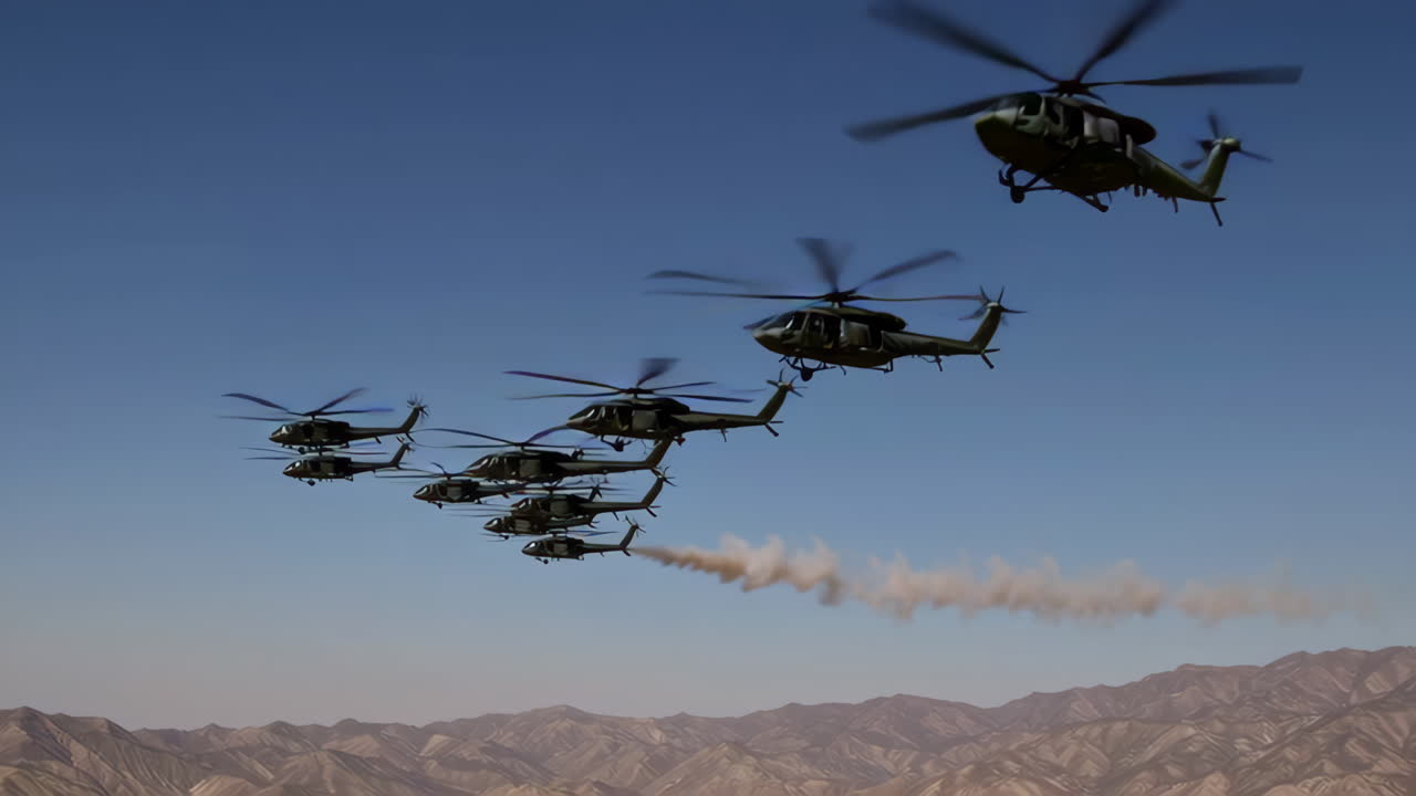 Military Helicopters in Formation over Desert Mountains