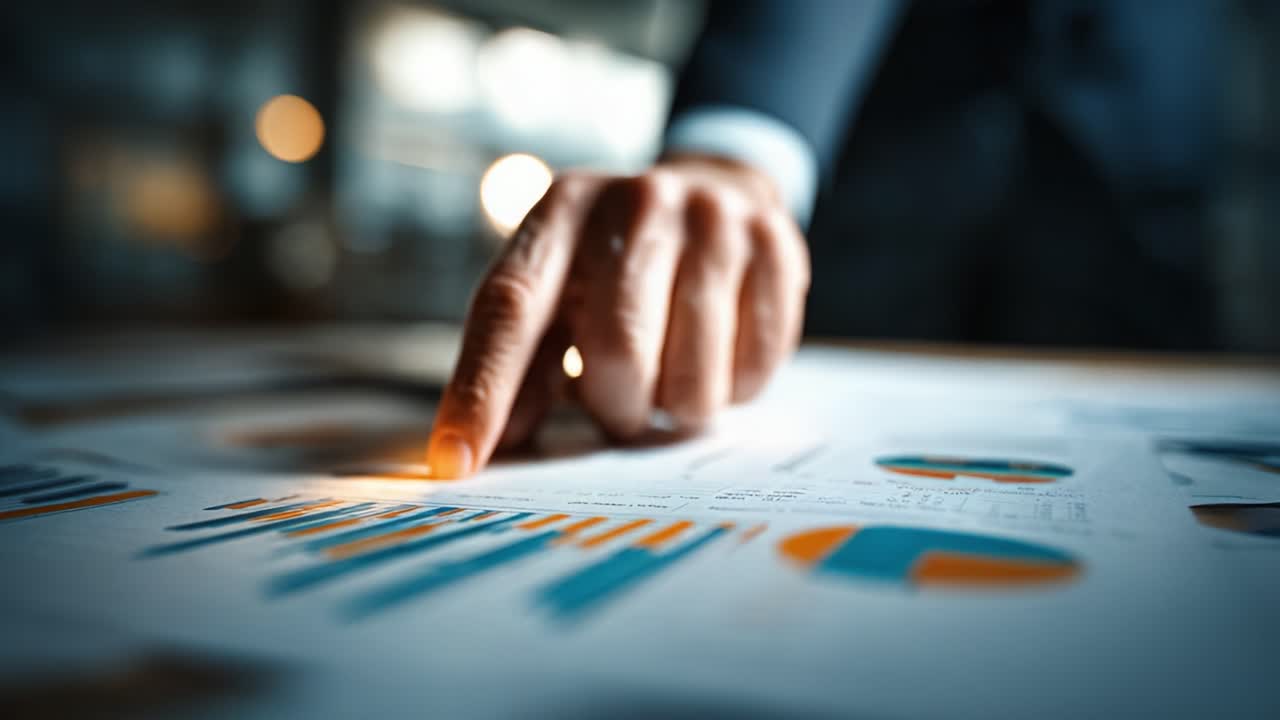 A Business Professional Analyzing Financial Data: Close-up of a Hand Pointing at Charts and Graphs on a Table in a Bright Workspace