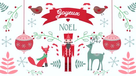 animación de palabras de joyeux noel con animales en el fondo de decoraciones navideñas