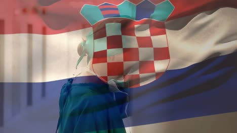 Digital-composition-of-croatia-flag-waving-against-stressed-caucasian-female-surgeon-at-hospital