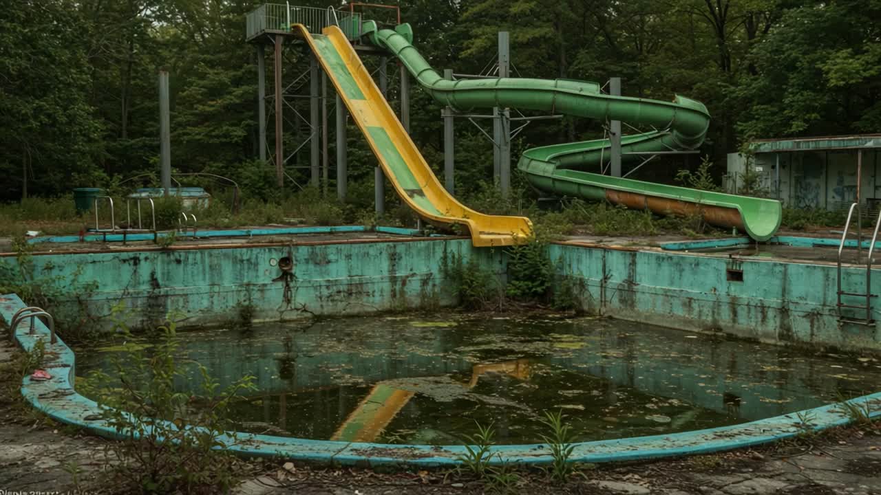 Abandoned Water Park: Overgrown Slides and Stagnant Pool Reflect Forgotten Joys of Summer Adventures in Nature's Reclamation