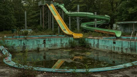 abandoned water park: overgrown slides and stagnant pool reflect forgotten joys of summer adventures in nature's reclamation