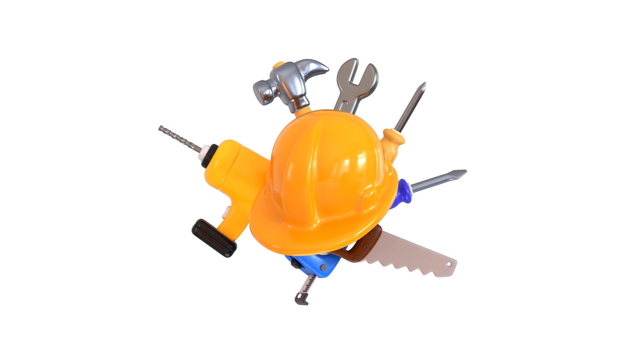 Collection of Toy Construction Tools and Hard Hat Rotating on White Background