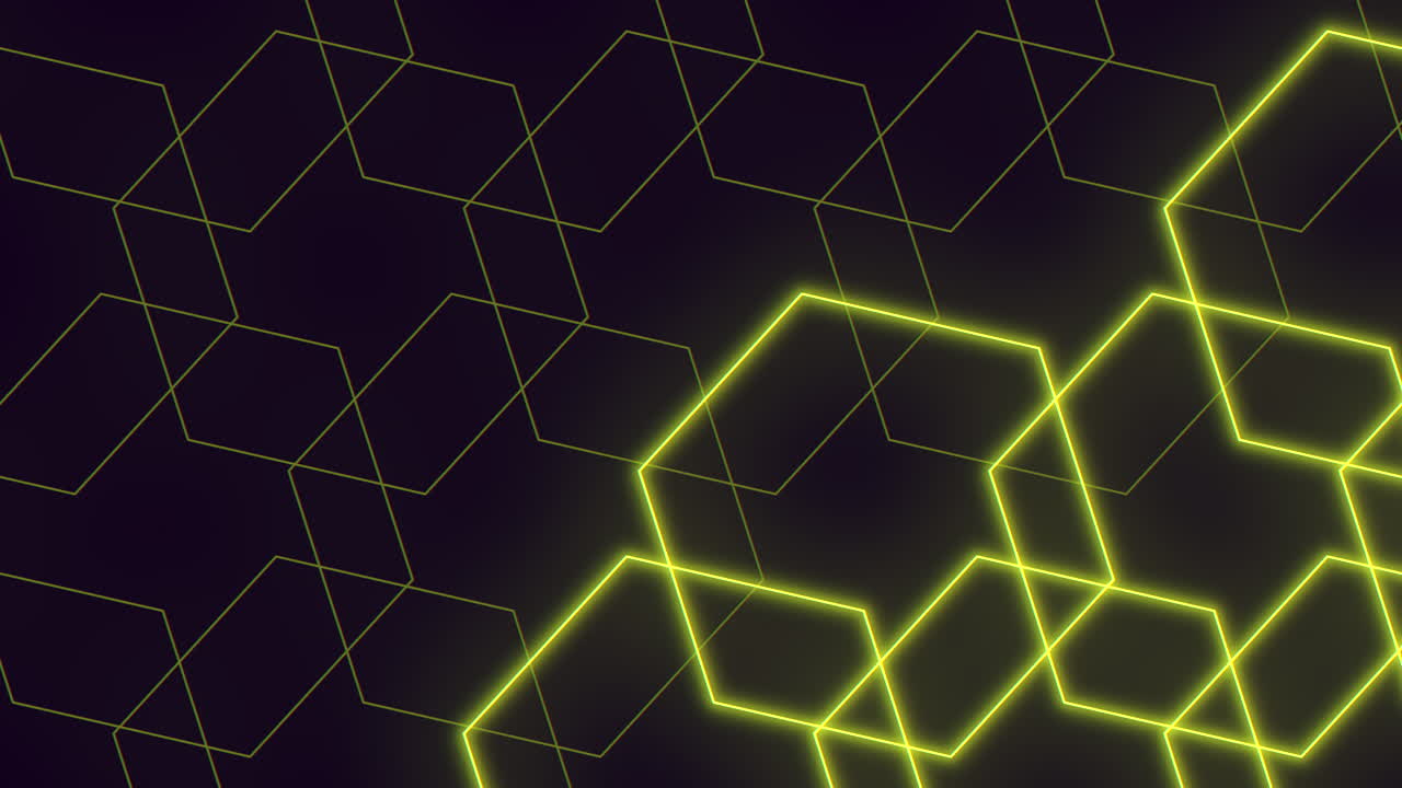 The image showcases a striking digital pattern of glowing yellow lines on a dark black background, crafted from geometric shapes, creating an eye-catching visual contrast