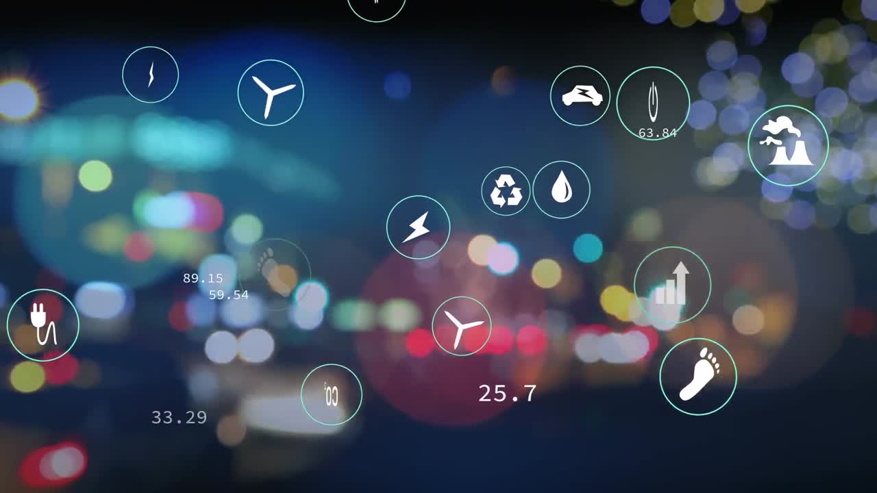 도시의 거리에서 이동하는 흐릿한 차량 위에 여러 아이콘의 애니메이션