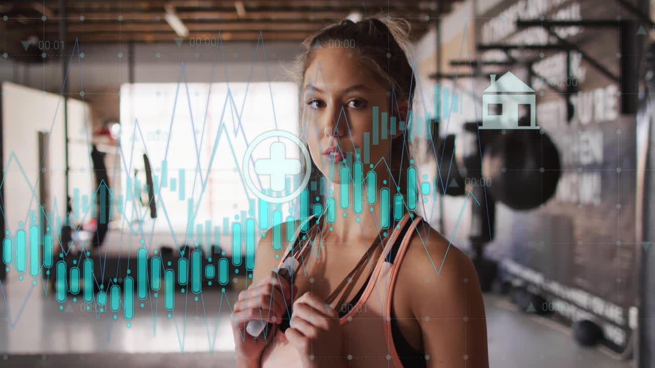 Fitness data and health monitoring animation over woman in gym