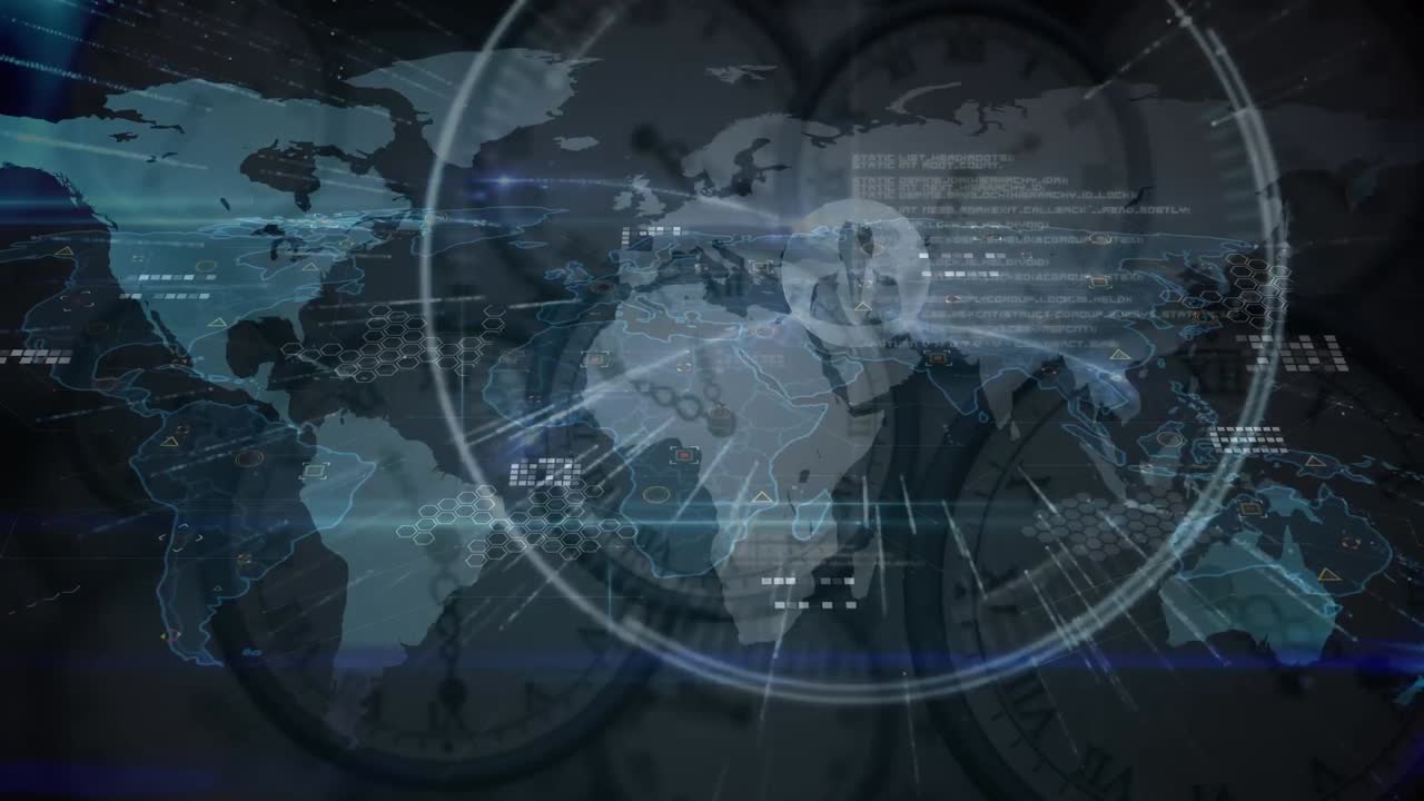 세계 지도의 애니메이션과 이동 시계에 대한 연결 네트워크